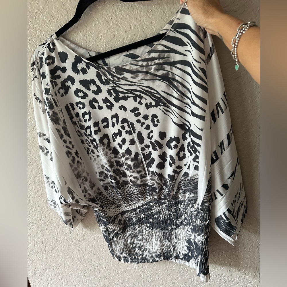 Black/white boat neck- could be off one shoulder too with cinched bottom